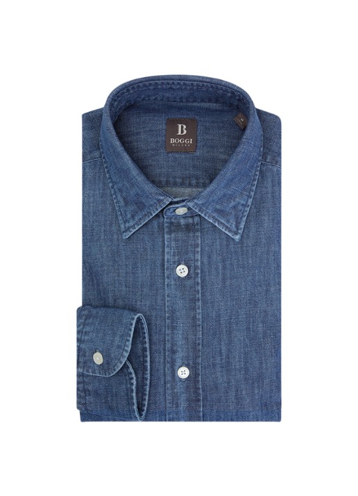 Boggi Milano Regular fit overhemd van denim - voorkant 3 indigo