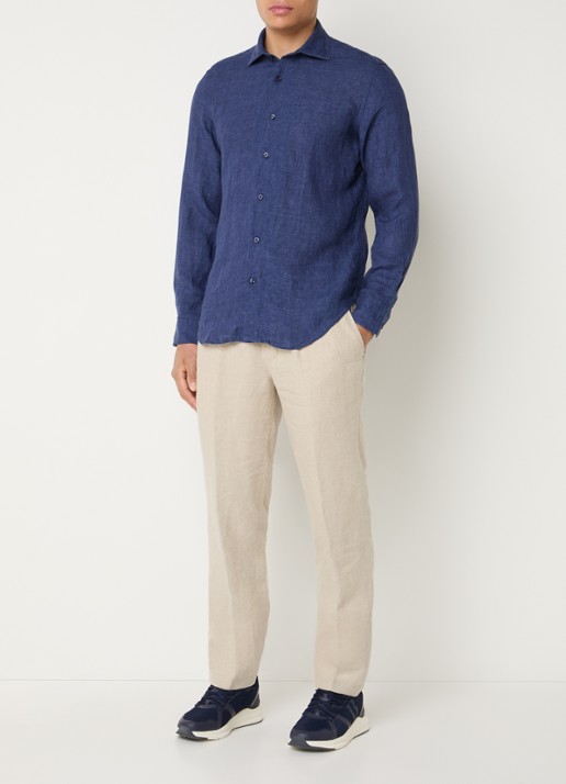 Boggi Milano Regular fit overhemd van linnen - voorkant 3 donkerblauw