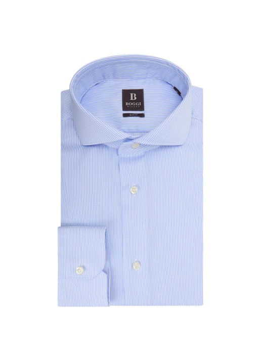Boggi Milano Slim fit strijkvrij overhemd met streepprint - voorkant lichtblauw