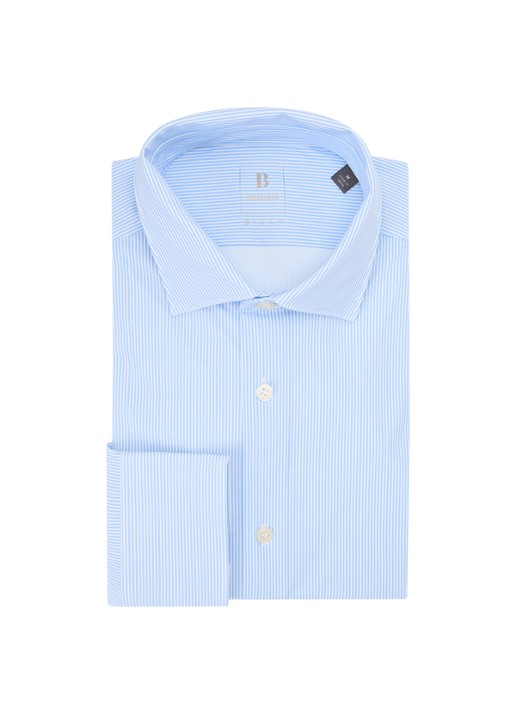 Boggi Milano Slim fit strijkvrij overhemd met wide spread kraag en streepdessin - voorkant 4 lichtblauw