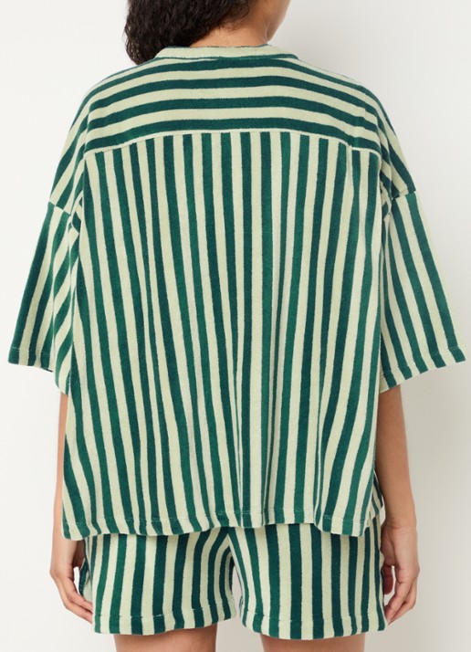 Bongusta Naram oversized blouse van badstof met streepprint - achterkant 2 lindegroen