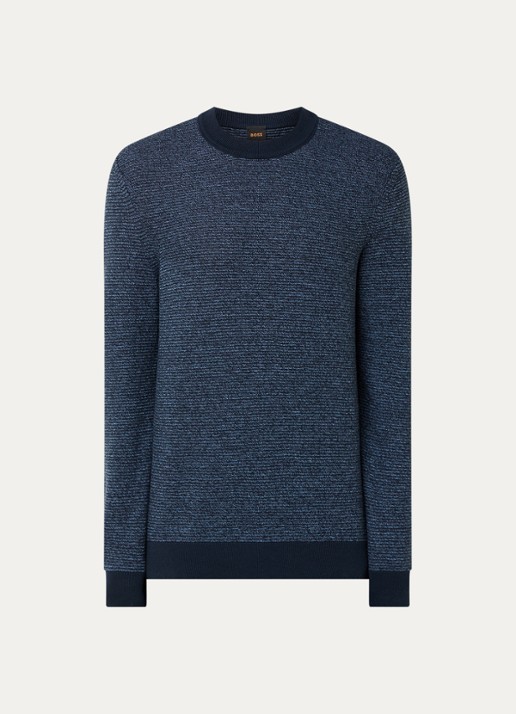 BOSS Aspoki fijngebreide pullover met gemêleerd dessin - voorkant donkerblauw