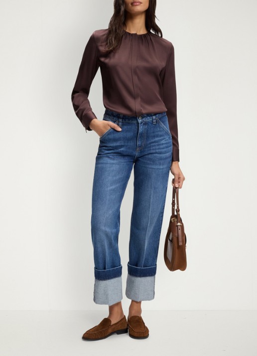 BOSS Banorah blouse in zijdeblend - voorkant 3 dark brown-206 / bruin