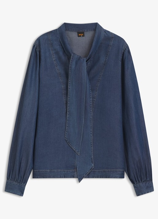 BOSS Blouse met gestrikt detail - voorkant 2 denim