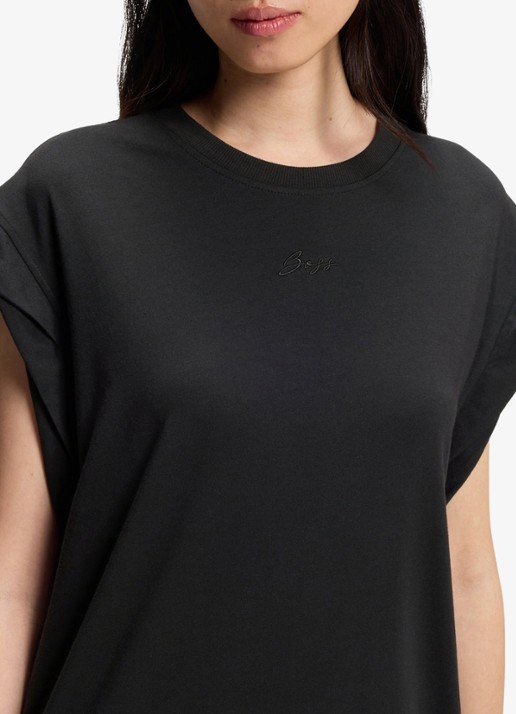 BOSS C_Edress_5 midi T-shirt jurk met split  - detail 2 black-001 / zwart