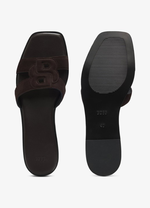 BOSS Charlize slipper van suède met logo - achterkant dark brown-207 / bruin