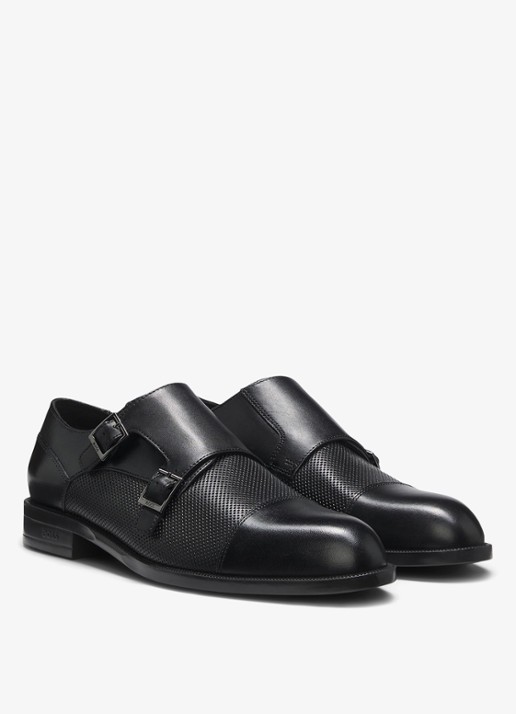 BOSS Double Monk gespschoen van leer  - voorkant 2 zwart