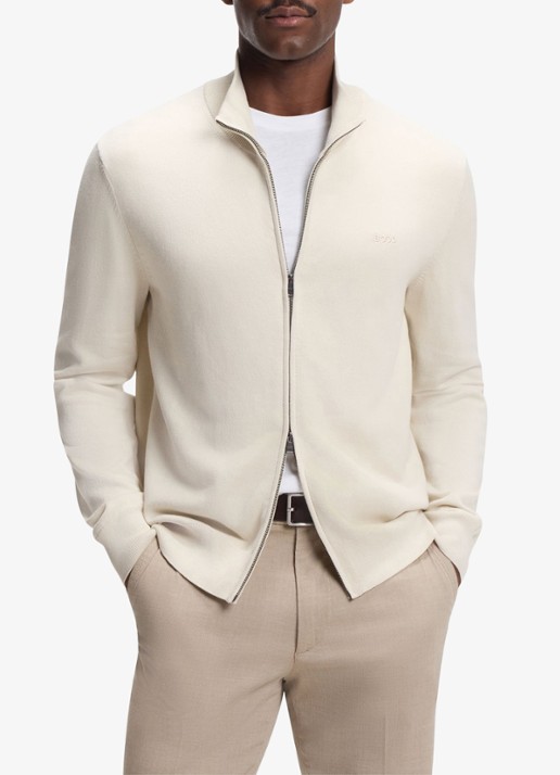 BOSS Fijngebreid vest met logo - detail creme