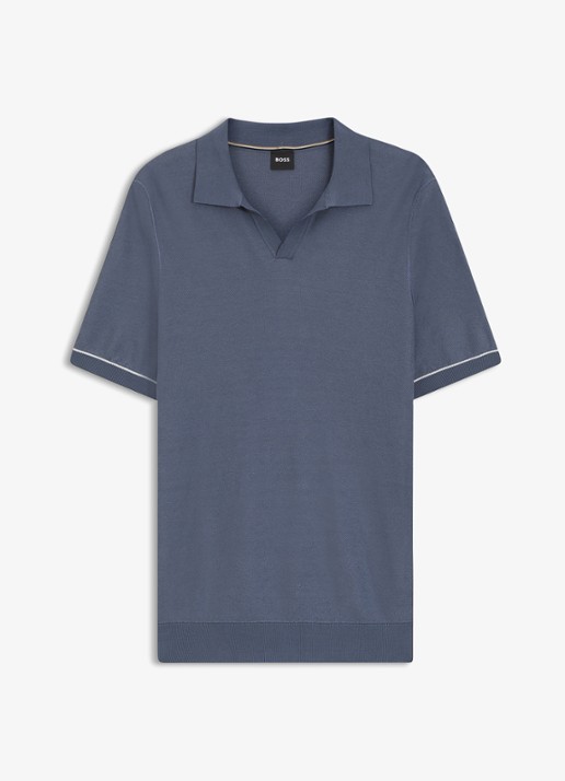 BOSS Fijngebreide polo met polokraag - voorkant open blue-466 / blauw