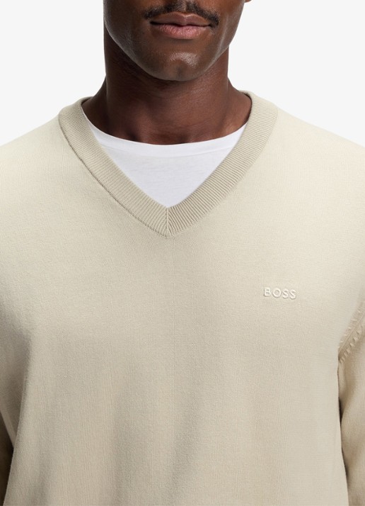 BOSS Fijngebreide pullover met logo - detail 4 beige