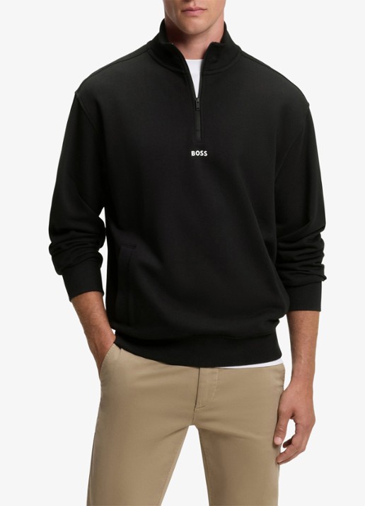 BOSS Fijngebreide sweater met halve rits - detail zwart