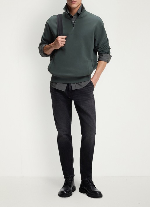 BOSS Fijngebreide sweater met halve rits - voorkant 5 groen