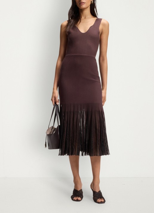 BOSS Floe midi jurk met franjes - voorkant 2 dark brown-206 / bruin