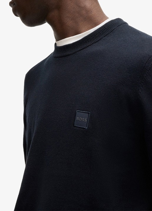 BOSS Gebreide trui van katoen en kasjmier met logolabel - detail 5 dark blue-404 / blauw