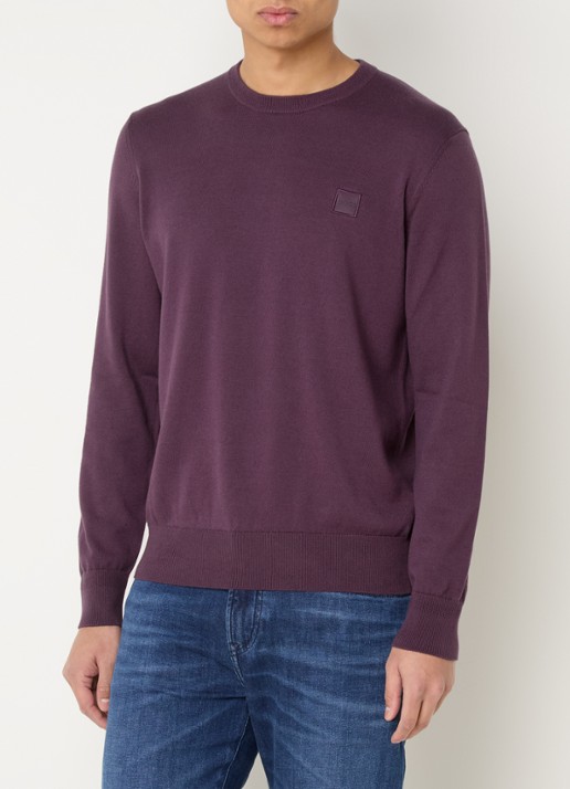 BOSS Gebreide trui van katoen en kasjmier met logolabel - detail 3 open purple-543 / paars