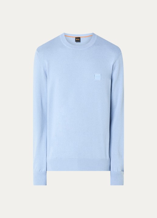 BOSS Gebreide trui van katoen en kasjmier met logolabel - voorkant open blue-470 / blauw