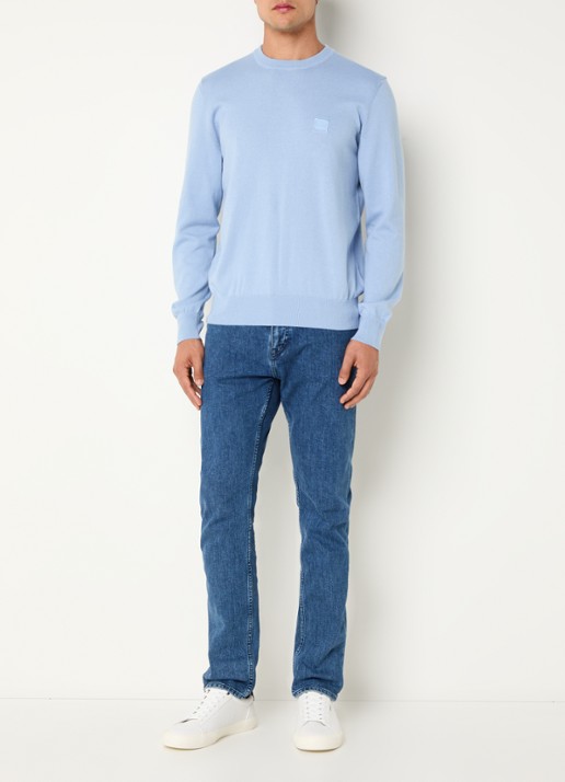 BOSS Gebreide trui van katoen en kasjmier met logolabel - voorkant 2 open blue-470 / blauw