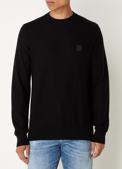 BOSS Gestructureerde met logopatch van katoen en kasjmier - detail 4 black-001 / zwart