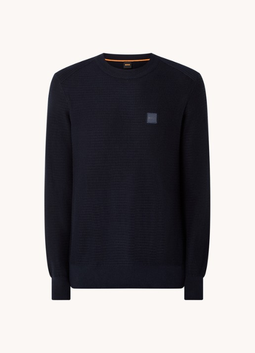 BOSS Gestructureerde met logopatch van katoen en kasjmier - voorkant 2 dark blue-404 / blauw