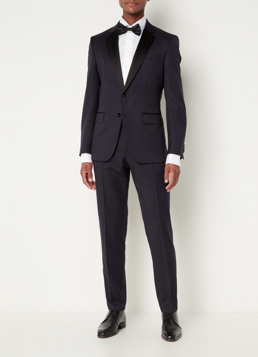 BOSS H-Huge-Tux slim fit colbert van wol met details van satijn - voorkant 7 donkerblauw