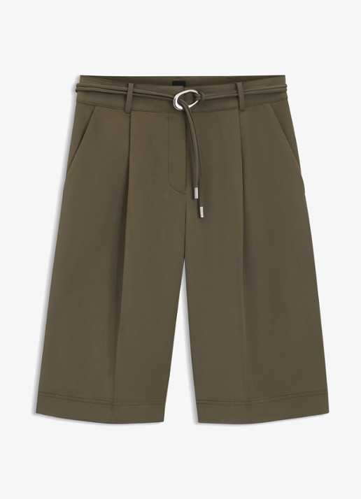 BOSS High waist wide fit korte broek met ceintuur - voorkant 4 khaki