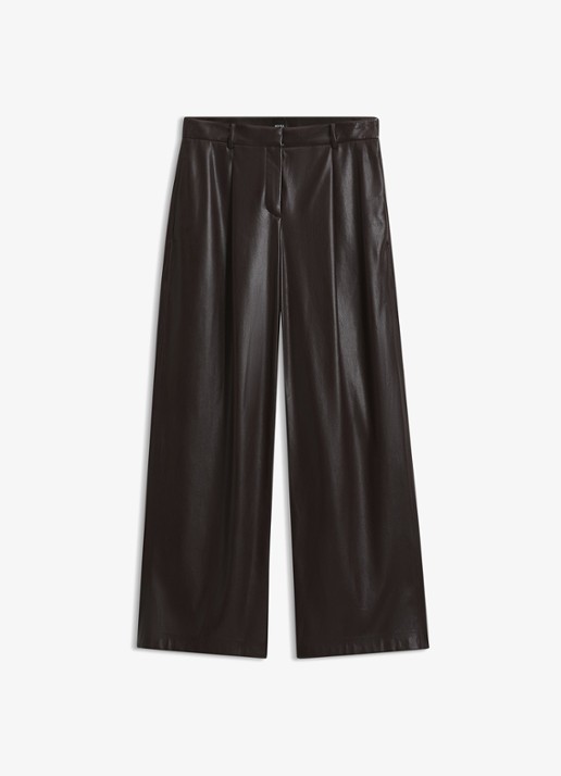 BOSS High waist wide fit pantalon van imitatieleer - voorkant bruin