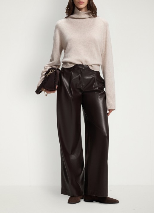 BOSS High waist wide fit pantalon van imitatieleer - voorkant 2 bruin
