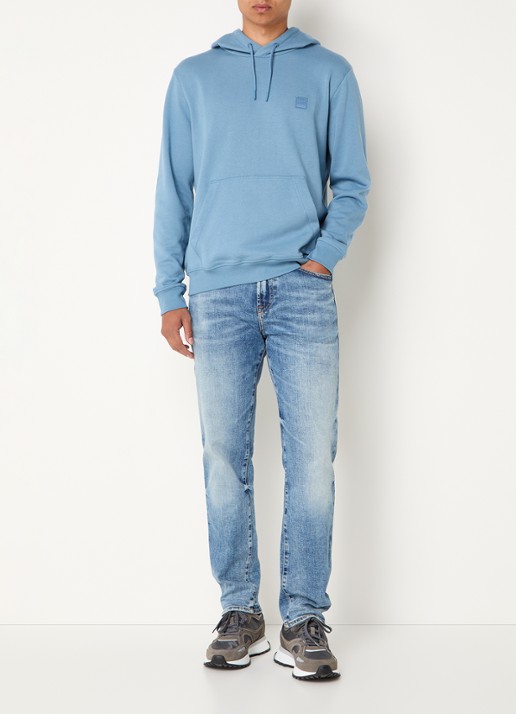 BOSS Hoodie van katoenen sweatstof met logopatch - voorkant 3 staalblauw