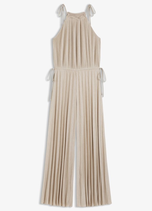 BOSS Jumpsuit met plooien - voorkant beige