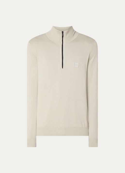 BOSS Kanobix_S fijngebreide trui in kasjmierblend met halve rits - voorkant 2 beige
