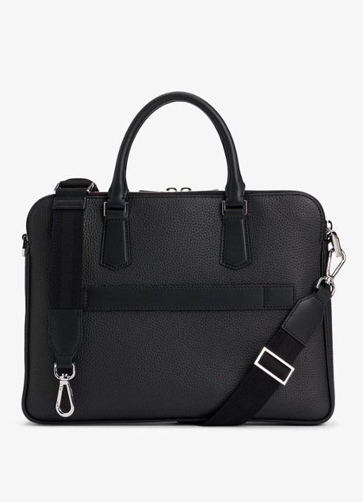 BOSS Laptoptas van leer met afneembare schouderriem - detail 3 zwart