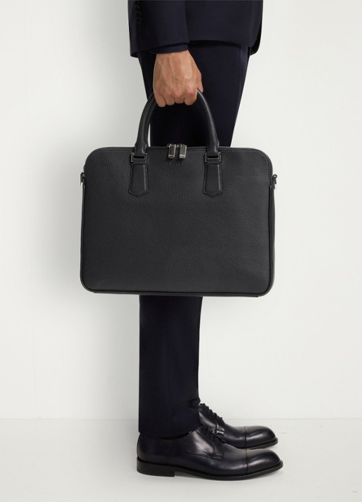BOSS Laptoptas van leer met afneembare schouderriem - voorkant 2 zwart