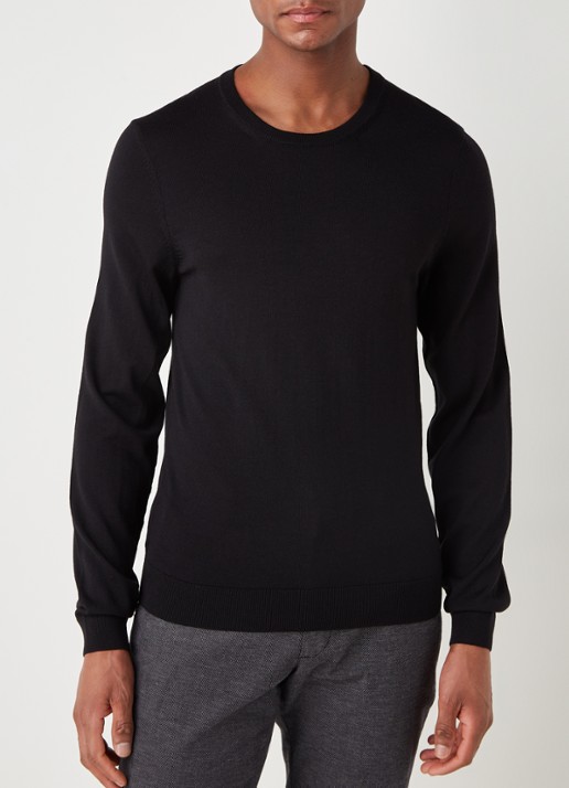 BOSS Leno-P fijngebreide pullover van wol  - detail zwart