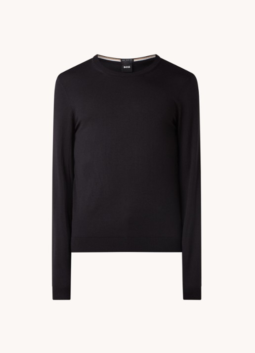 BOSS Leno-P fijngebreide pullover van wol  - voorkant 3 zwart