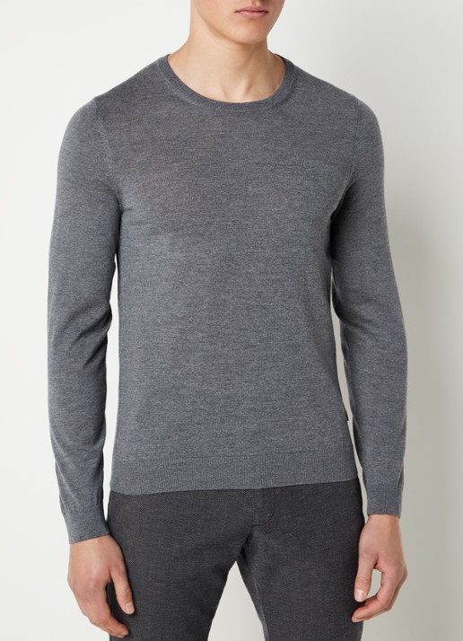 BOSS Leno-P fijngebreide pullover van wol  - detail 4 grijsmele