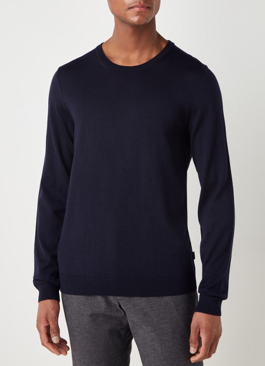 BOSS Leno-P fijngebreide pullover van wol  - detail 3 donkerblauw