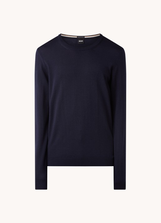 BOSS Leno-P fijngebreide pullover van wol  - voorkant donkerblauw
