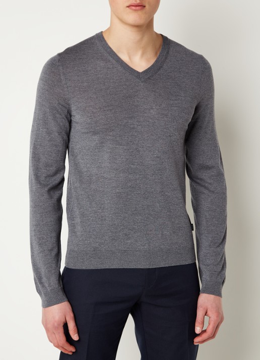BOSS Melba-P fijngebreide pullover van scheerwol met V-hals - detail 3 middengrijs