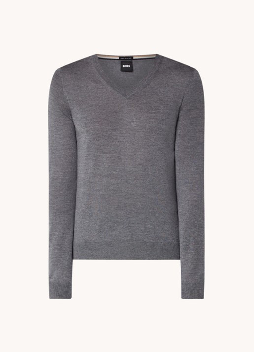 BOSS Melba-P fijngebreide pullover van scheerwol met V-hals - voorkant middengrijs