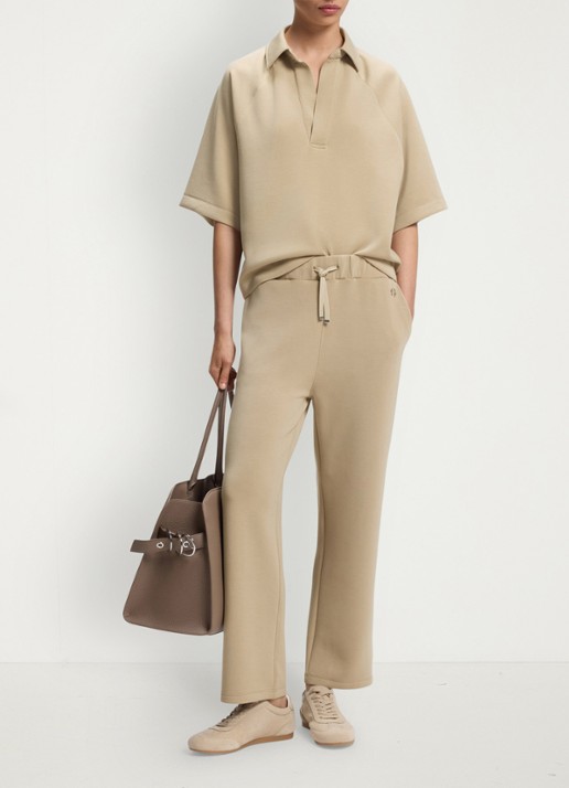 BOSS Oversized fit polo met gemêleerd dessin - voorkant beige