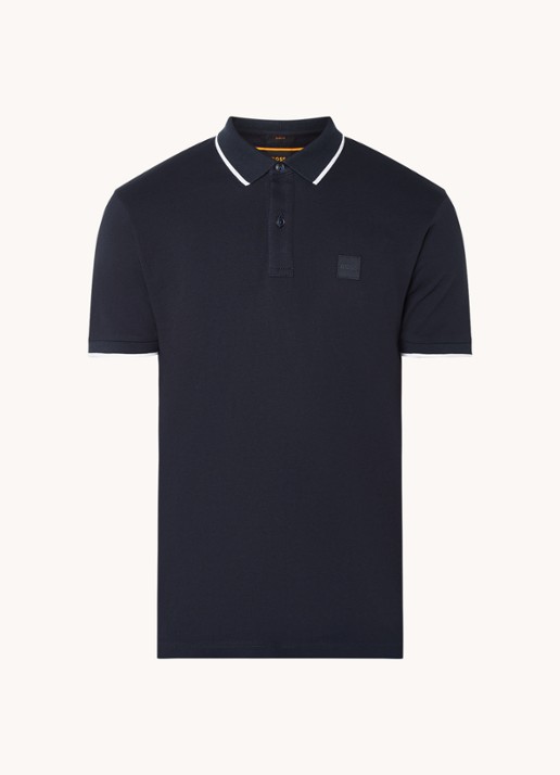 BOSS Passertip slim fit polo van piqué katoen met logo - voorkant 2 donkerblauw