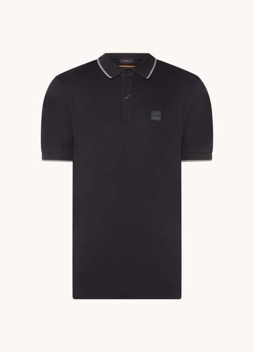 BOSS Passertip slim fit polo van piqué katoen met logo - voorkant 3 zwart