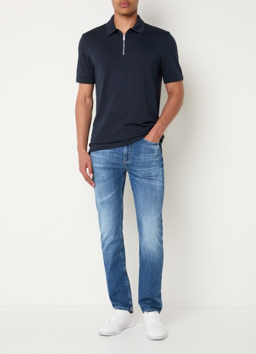 BOSS Polo met piquéstructuur en kraag met rits - voorkant 3 donkerblauw