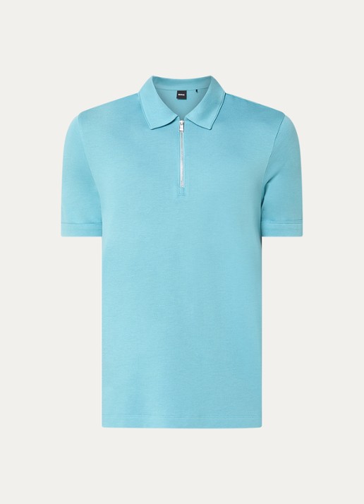 BOSS Polo met piquéstructuur en kraag met rits - voorkant 2 turquoise