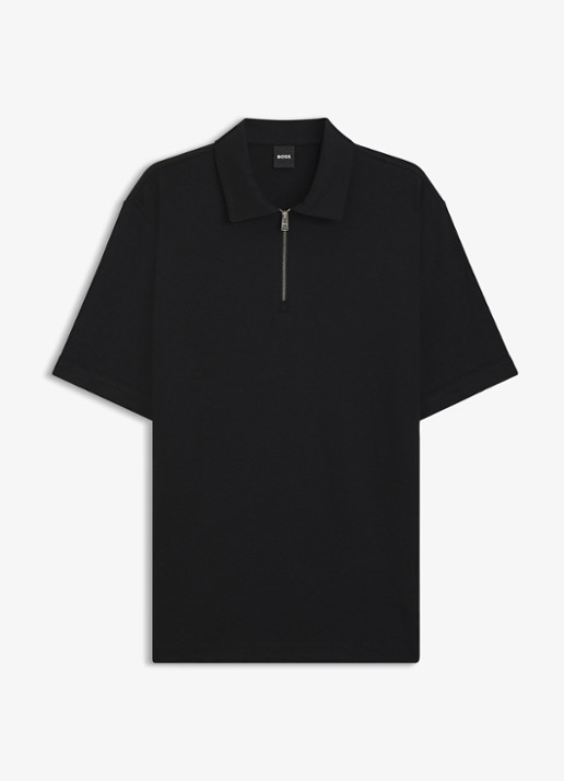 BOSS Polo met piquéstructuur en kraag met rits - voorkant 4 zwart