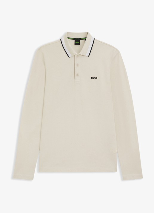 BOSS Polo van katoenpiqué met contrastlogo - voorkant 3 gebroken wit