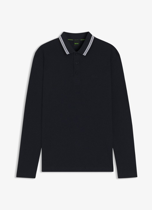 BOSS Polo van katoenpiqué met contrastlogo - voorkant 3 donkerblauw