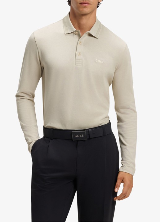 BOSS Polo van katoenpiqué met contrastlogo - detail beige