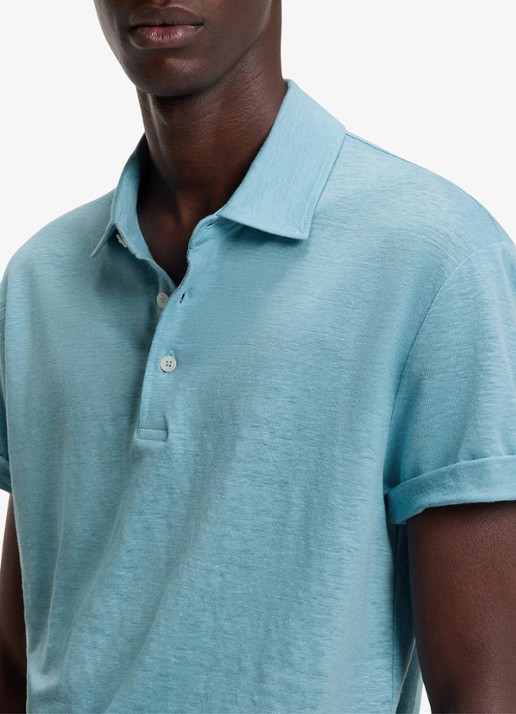 BOSS Polo van linnen  - detail 3 open blue-486 / blauw