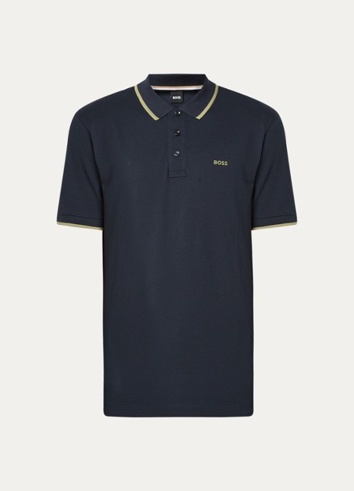 BOSS Poloshirt van katoenpiqué met contrasterende bies - voorkant 2 donkerblauw